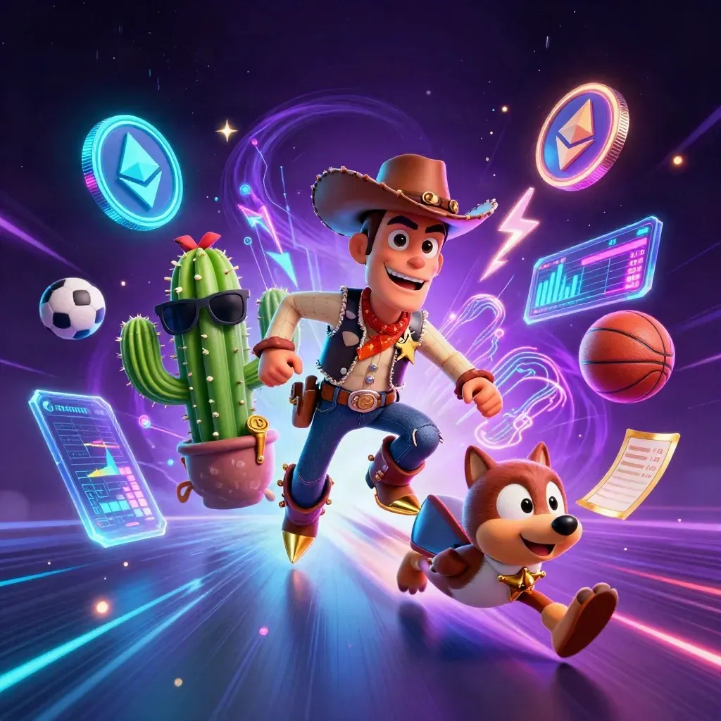 Cowboy T-Rex, cactus sidekick, and sheriff roadrunner amid neon coins and cyber energy.