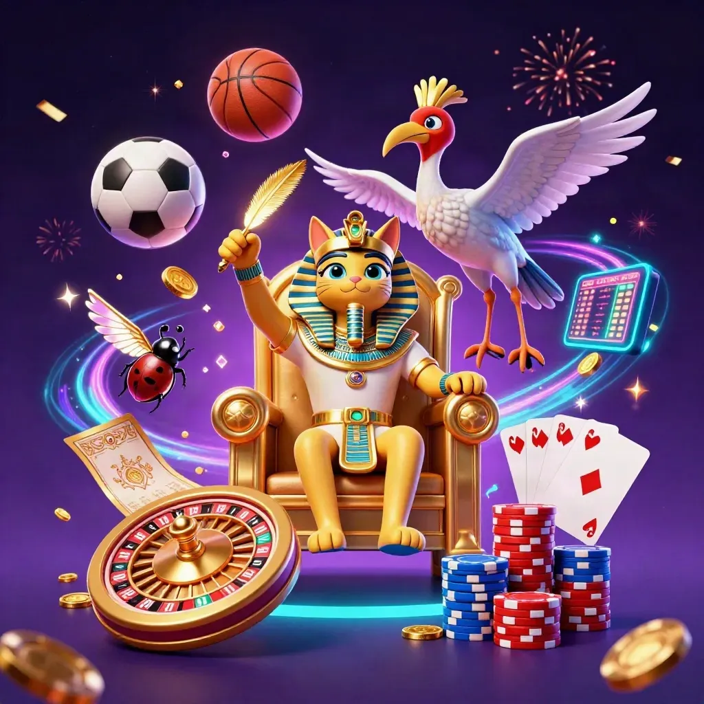 Pharaoh cat, ibis, scarabs, casino items, and sports balls in neon cosmic key art.