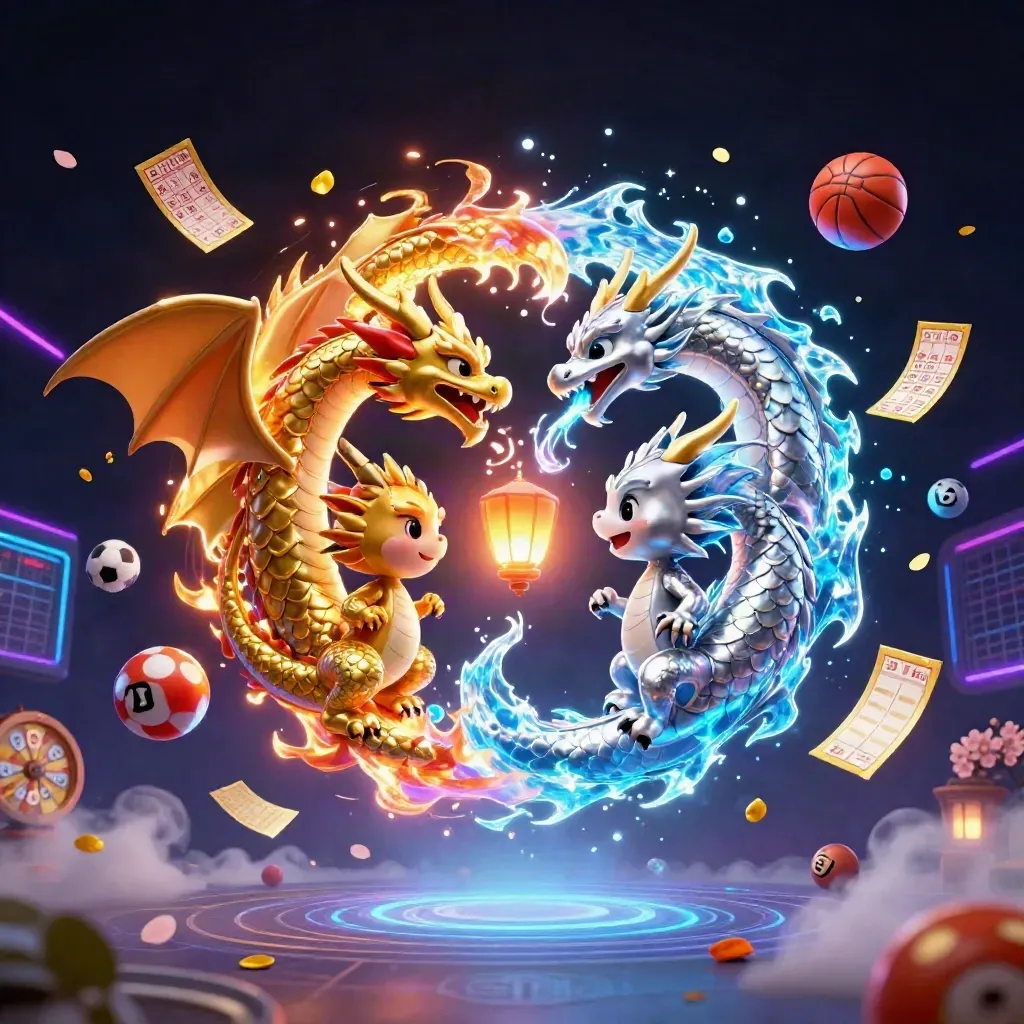 Two intertwined gold and silver dragons swirl through neon casino light, lottery balls, prize wheel, and glowing fog.