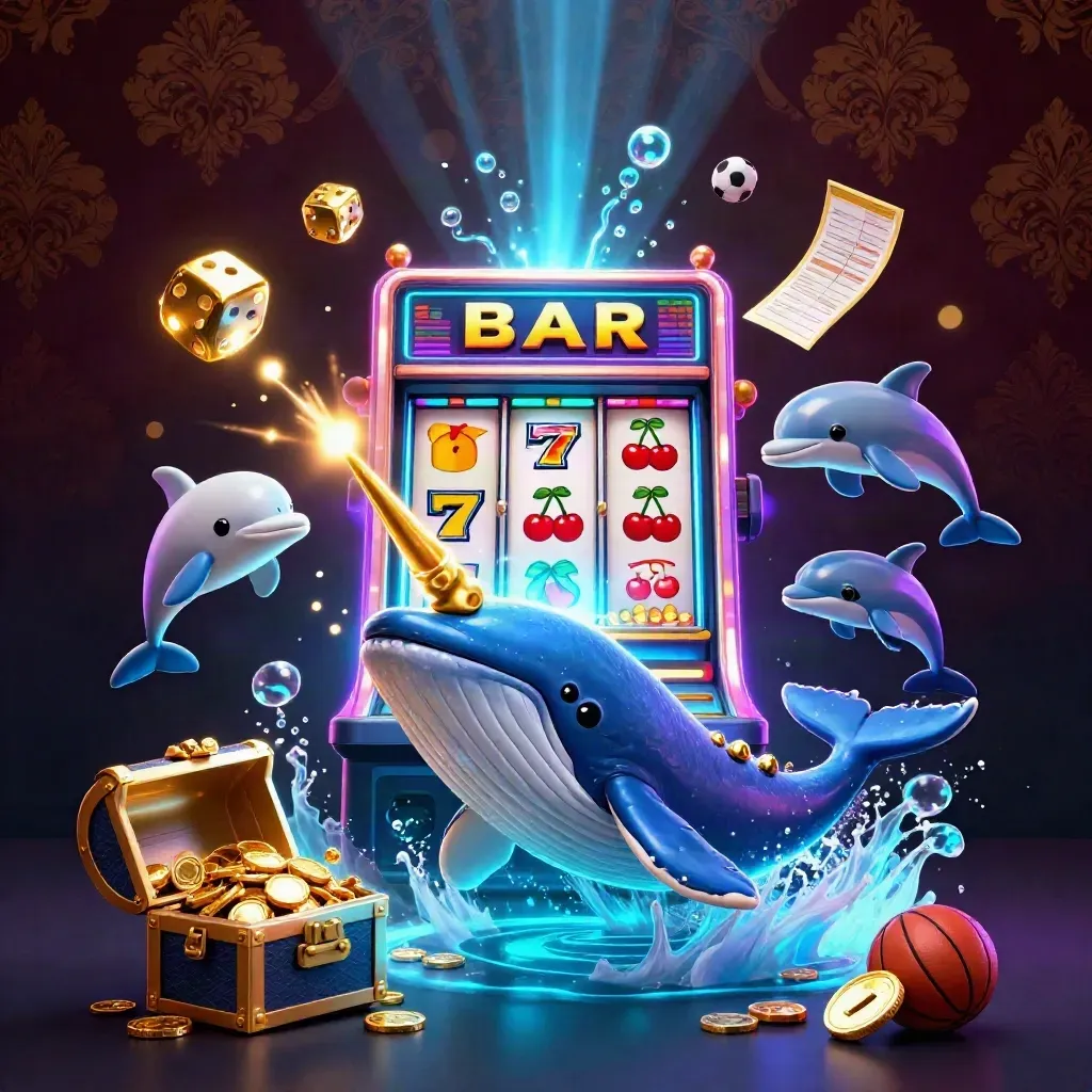 Whale captain, narwhal, dolphins, slot burst, gold coins, neon casino splash art
