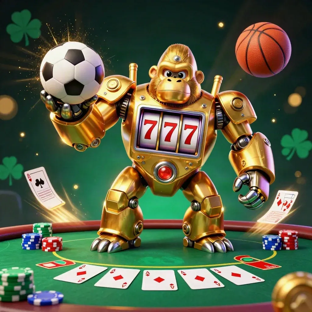 Golden gorilla mech with monkey pilot blasting through casino chips and sports gear in neon light.
