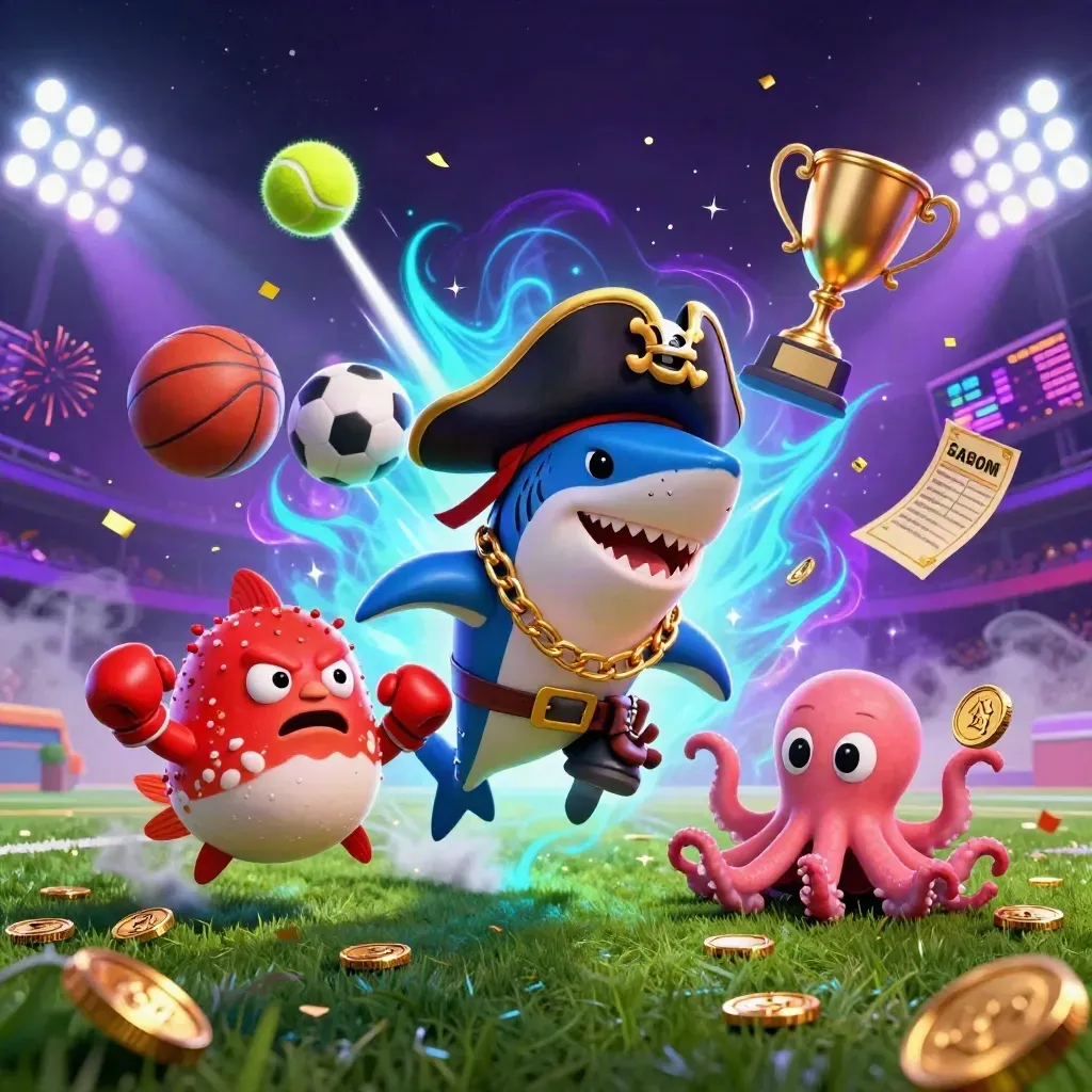 Shark captain, pufferfish, and octopus amid flying balls, coins, and neon casino energy.