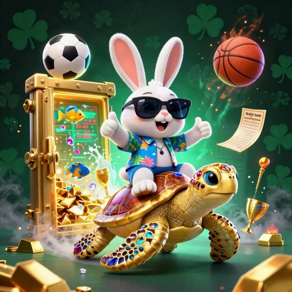 Lucky rabbit on a golden turtle amid treasure, gems, and neon casino sports chaos.