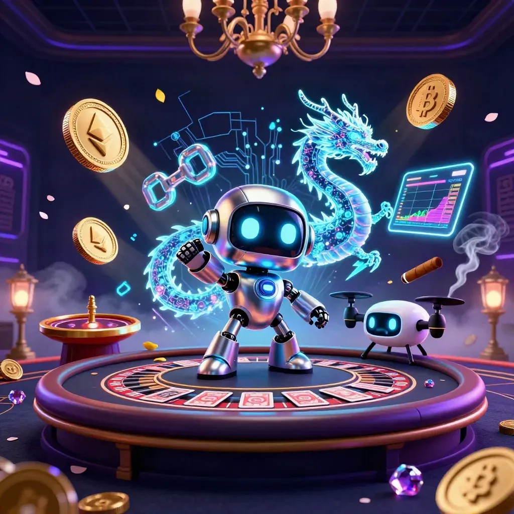 Cyberpunk robot, AI dragon and coin drone in a neon casino room.