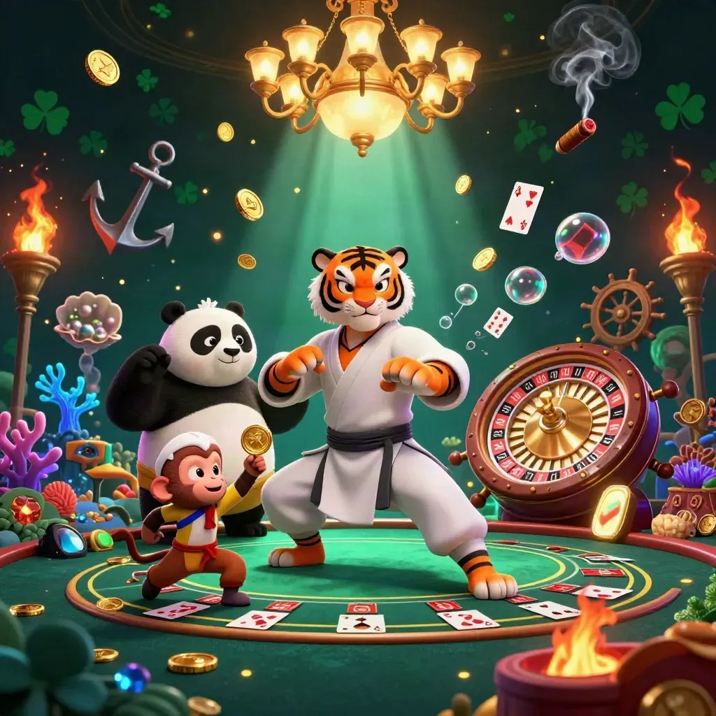 Kung-fu tiger, panda, and monkey in a luxe casino-treasure cove with coins, coral, smoke, and glowing lights.