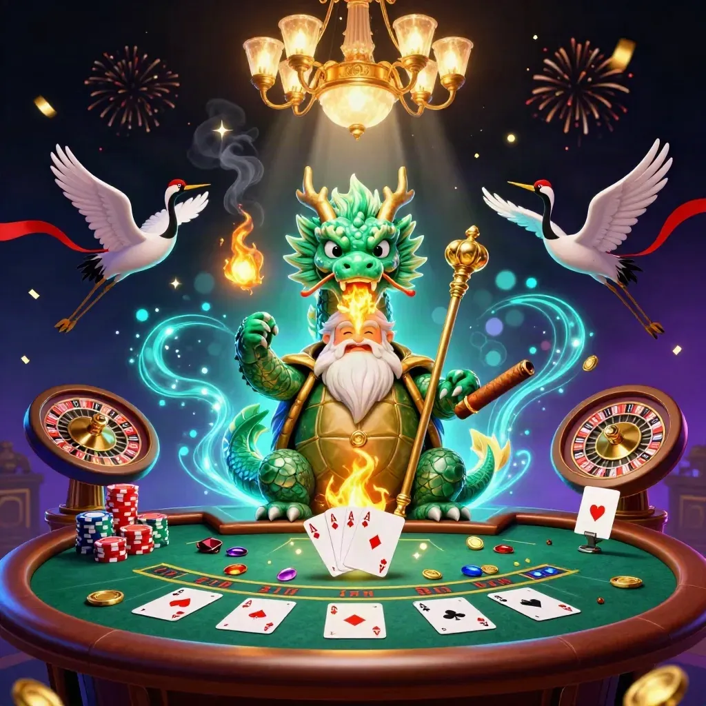 Emerald dragon, turtle sage and cranes amid a glowing casino table, chips, fire, and cyan particles.
