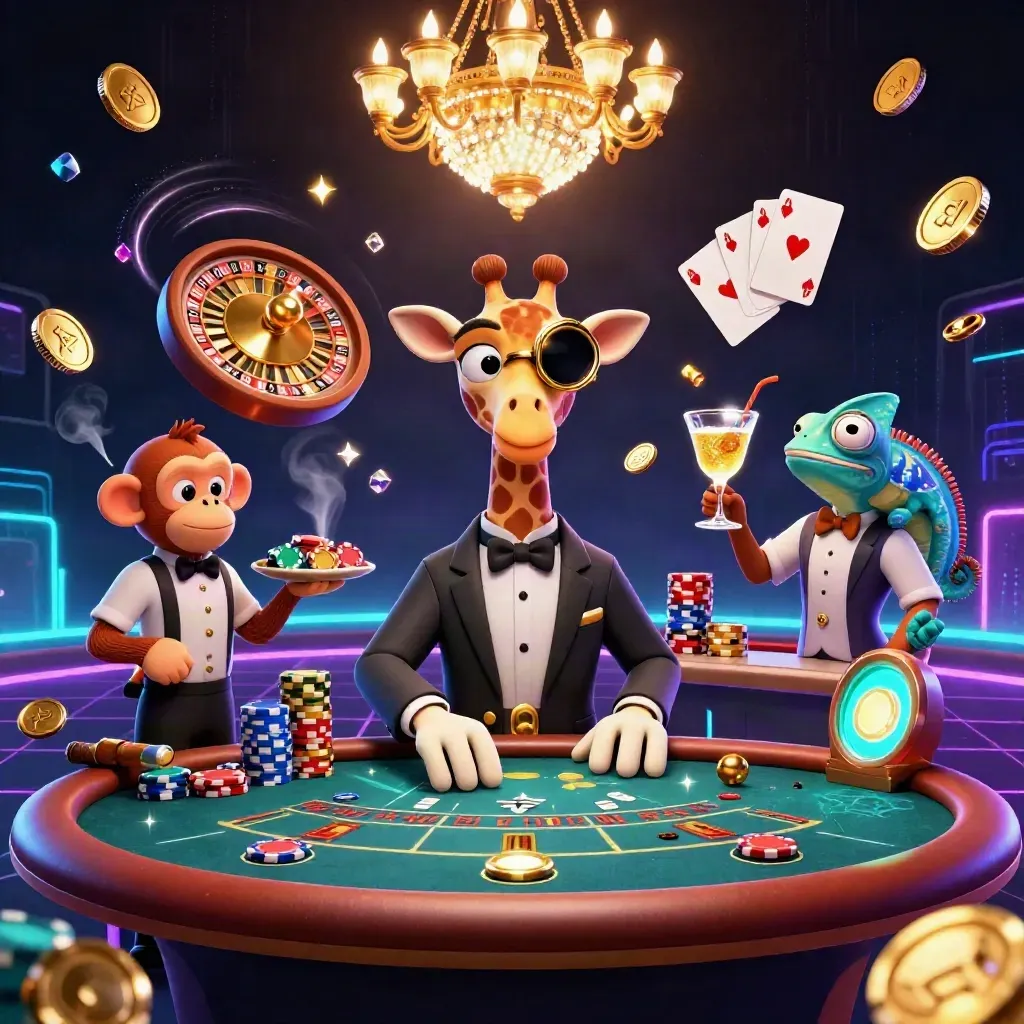 Giraffe high-roller, monkey valet, and chameleon bartender in a neon casino with coins, gems, cards, chips