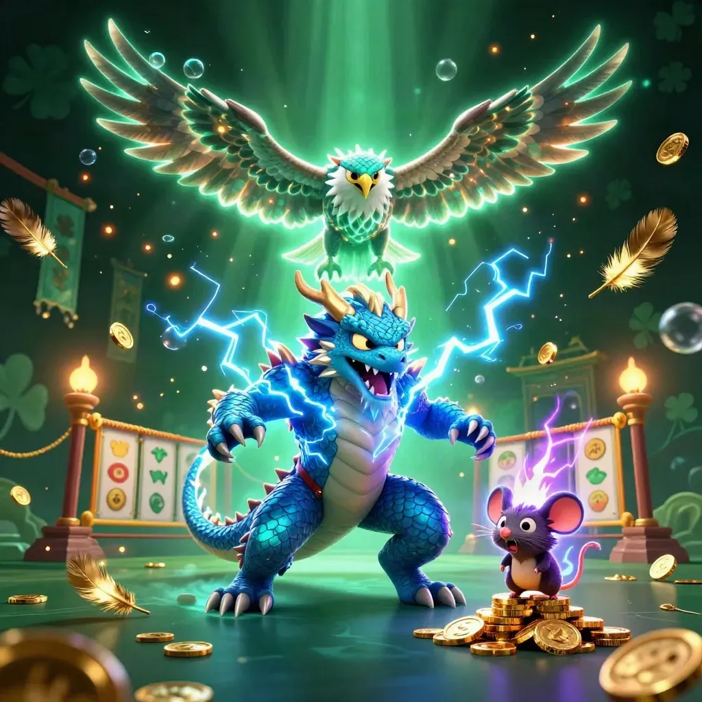 Thunder dragon, hawk, and mouse burst through a neon temple casino scene