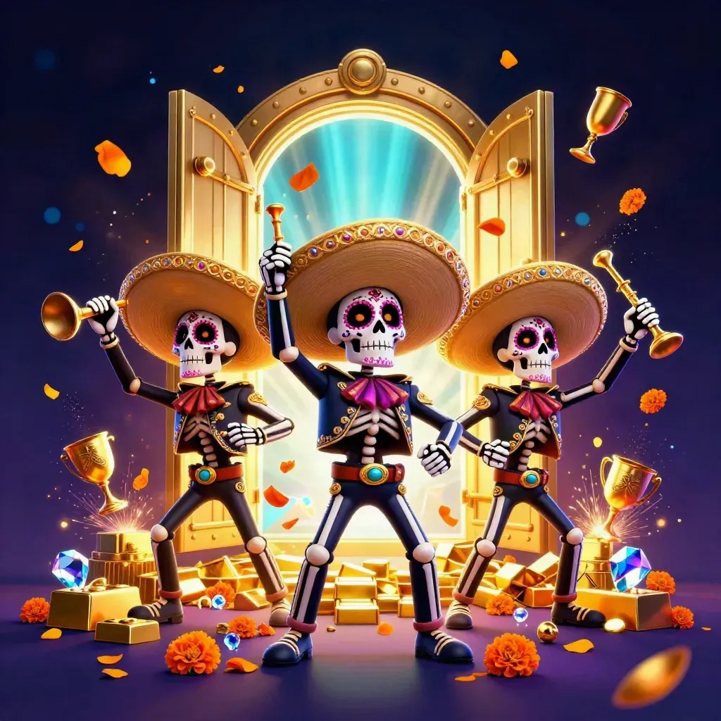 Three skeleton mariachi heroes blast open a golden vault amid gems, gold, and neon light.