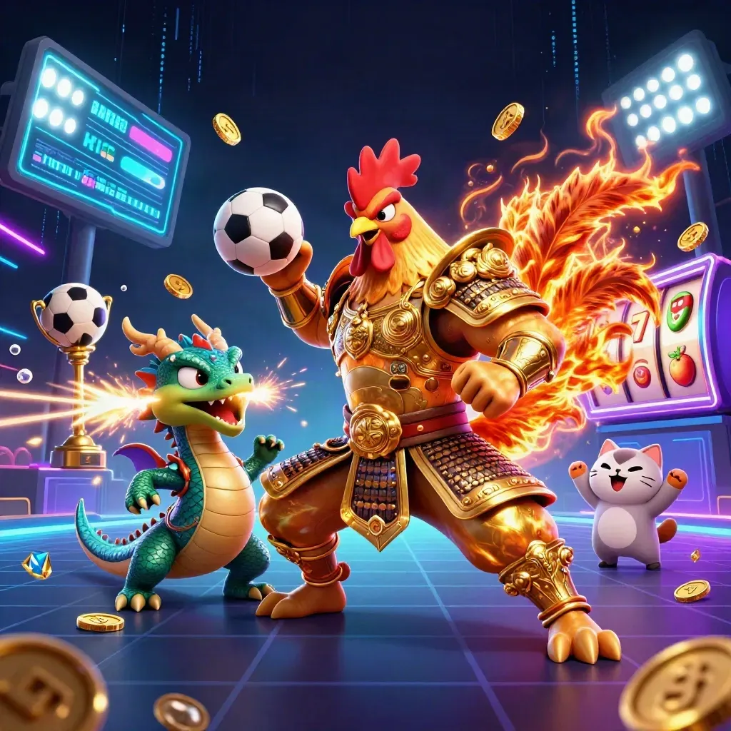 Rooster warrior, dragon hatchling, and fortune cat amid neon casino chaos with coins, gems, and sport balls