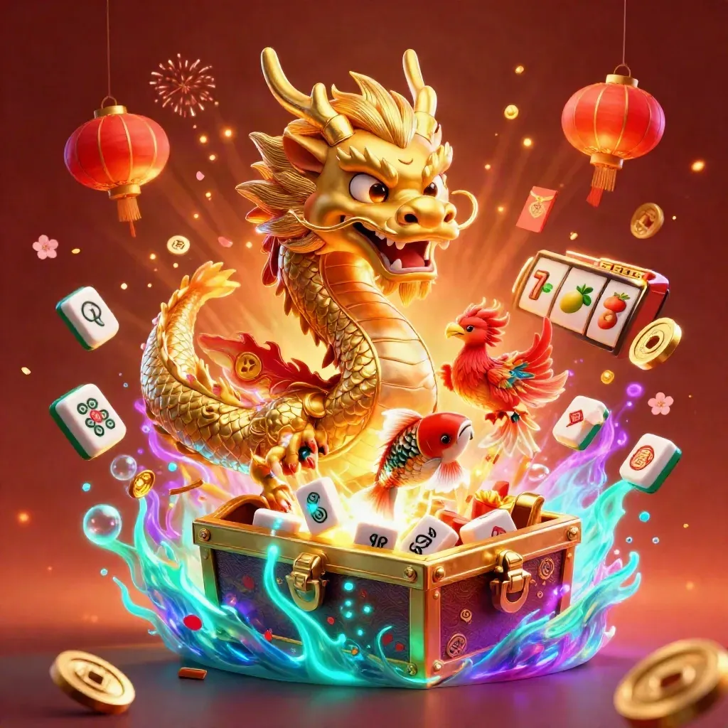 Golden dragon, phoenix, and koi amid treasure, lanterns, coins, and neon casino effects.