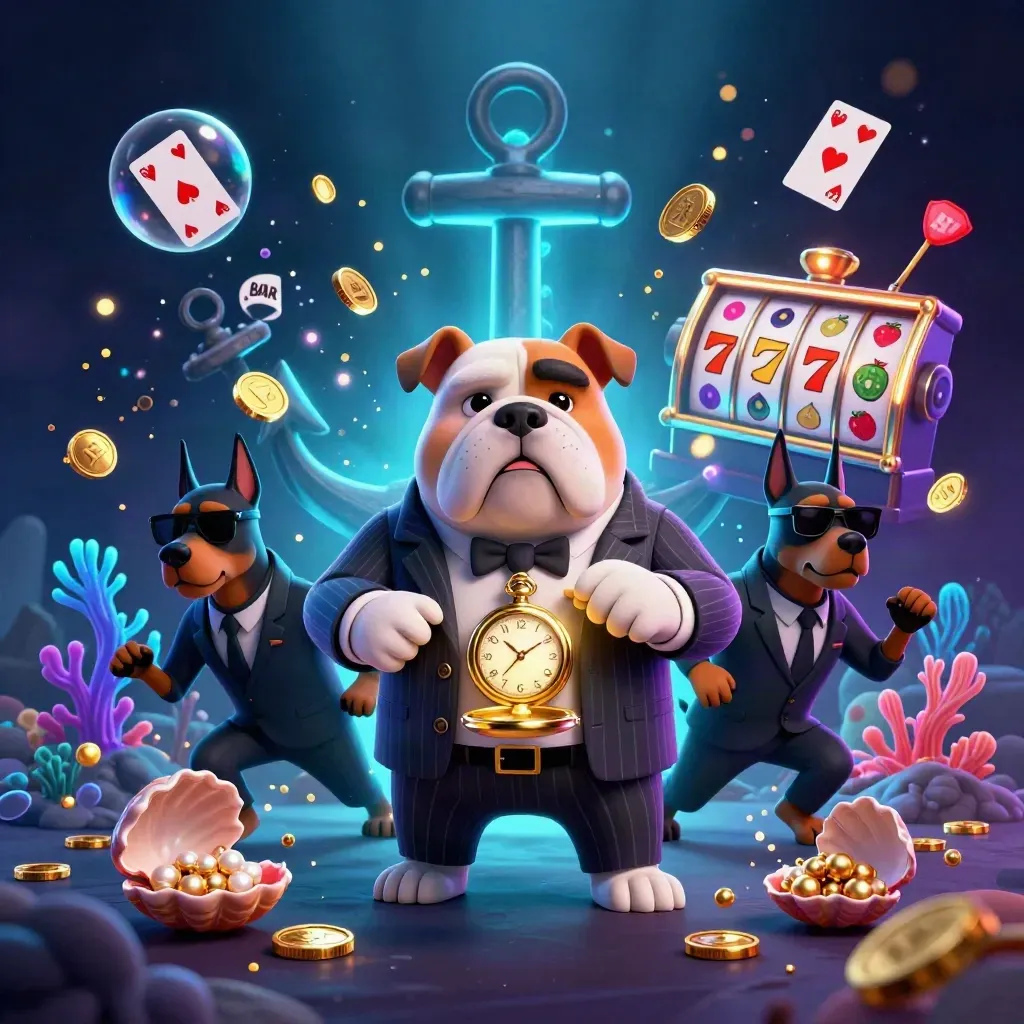 Bulldog mafia boss and two Dobermans in a neon underwater treasure blast with coins, coral, cards, and reels.