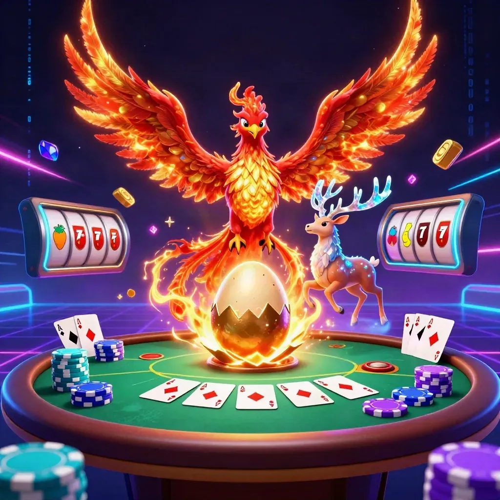 Phoenixes and a crystal stag explode amid casino cards, chips, neon cyan energy, and dark cyberpunk glow.