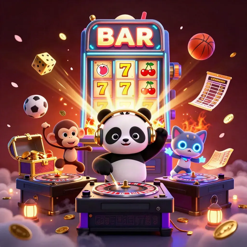 Panda DJ, dancing monkey, and rave kitten amid exploding treasure, coins, and neon casino effects.