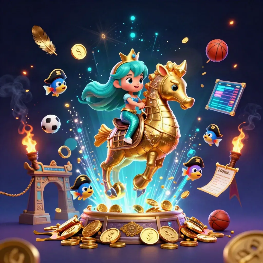 Mermaid princess on armored seahorse amid coins, fireworks, temple gate, and casino energy