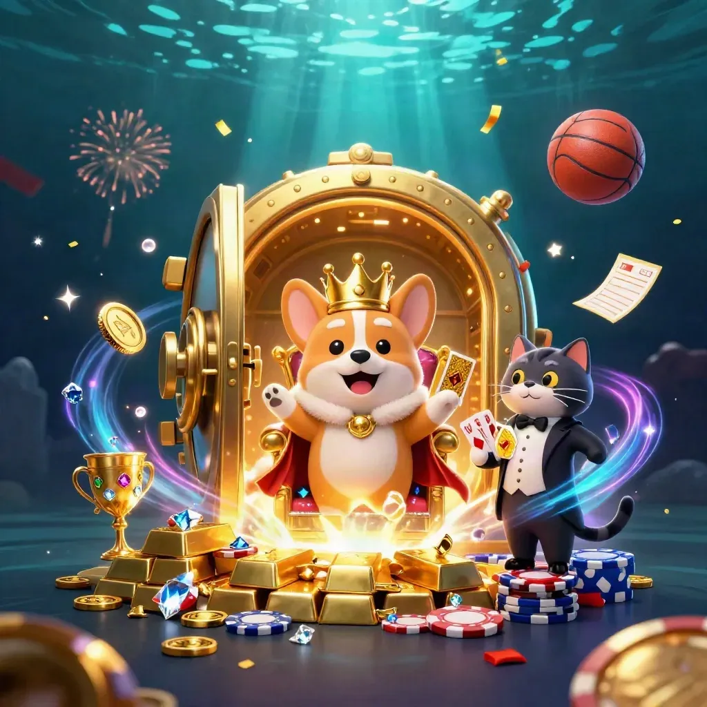 Royal corgi and cat butler amid a vault burst, coins, gems, fireworks, and neon casino energy