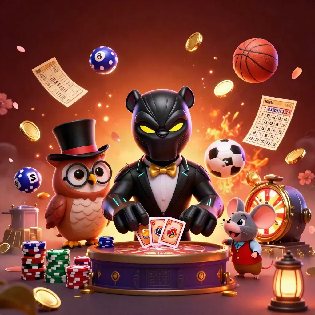 Panther, owl, and mouse celebrate amid bursting coins, lottery balls, and casino treasure.