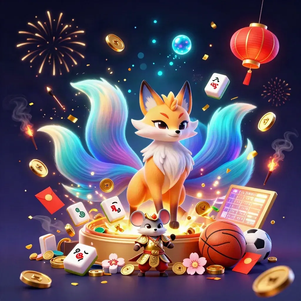 Nine-tailed fox spirit and armored mouse amid coins, lanterns, fireworks, and casino glow.