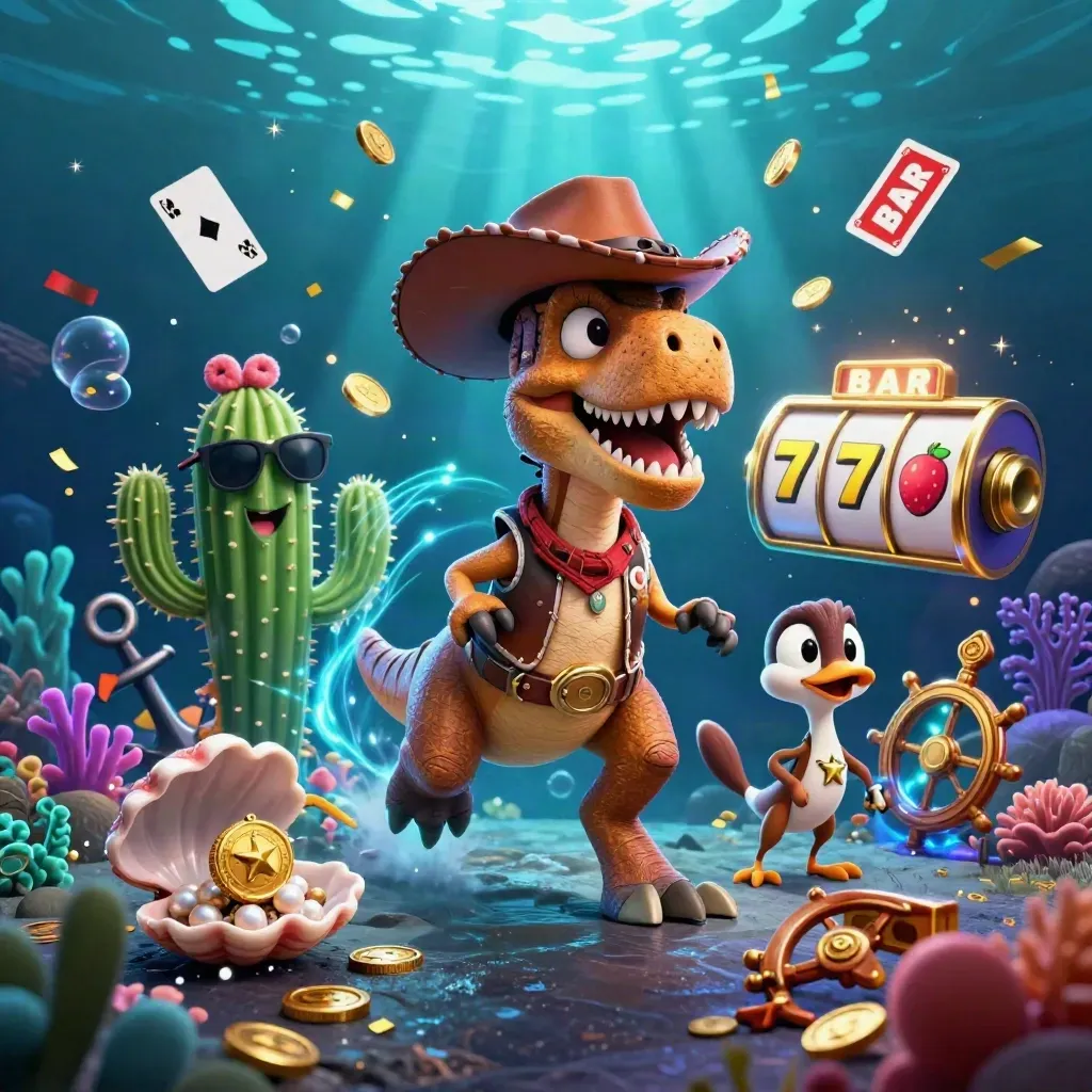 Cowboy T-Rex, cactus sidekick, and roadrunner in a neon underwater treasure burst.