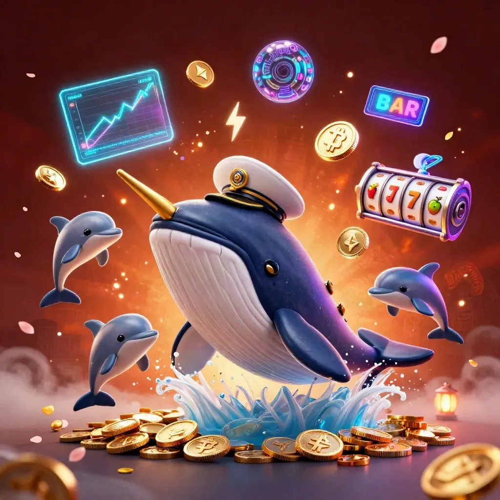 Whale captain, narwhal, and dolphins amid neon coins and casino symbols in a cyberpunk glow.