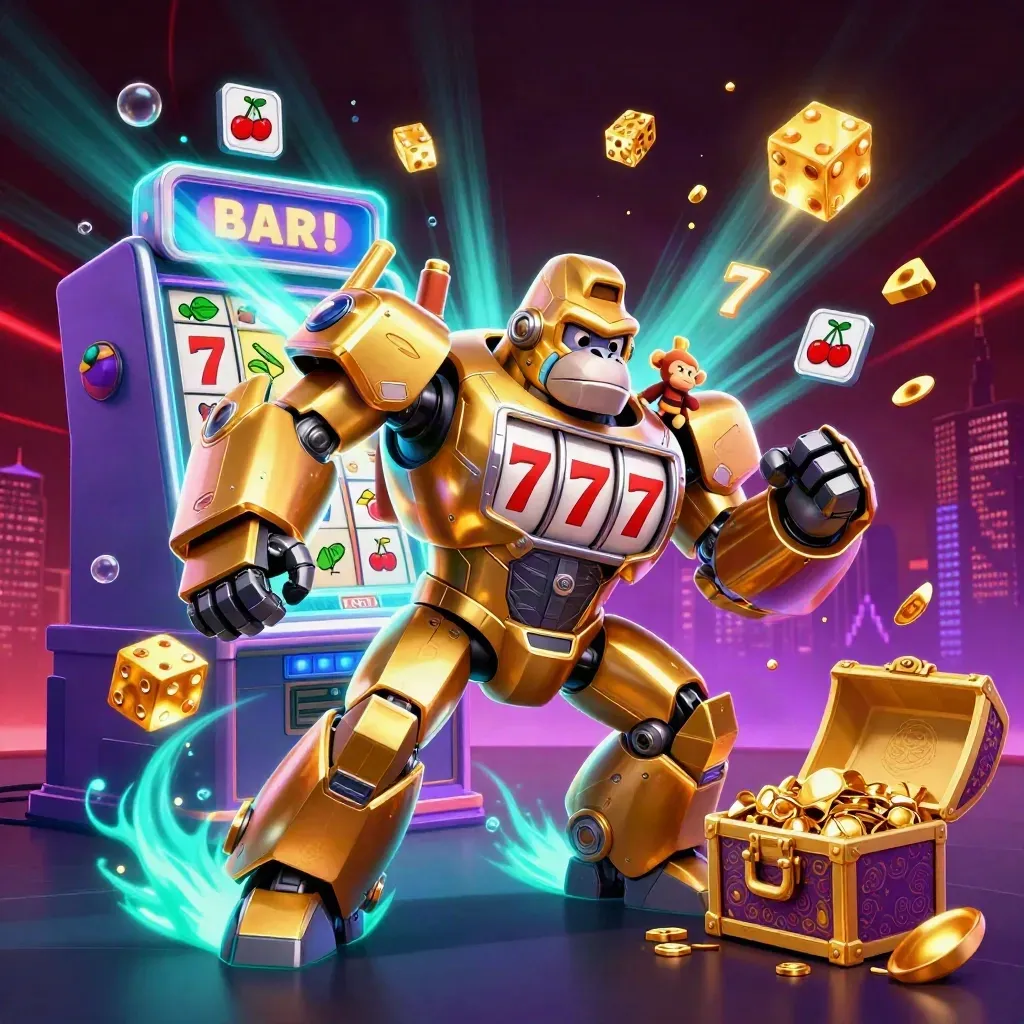 Golden gorilla slot mech with monkey pilot amid jackpot explosions and neon casino effects