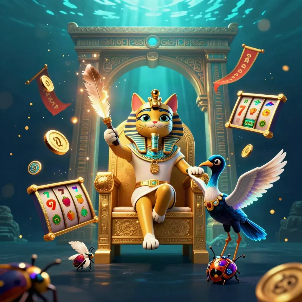 Pharaoh cat, ibis scribe, gem-wing scarabs amid casino relics and neon god-rays.
