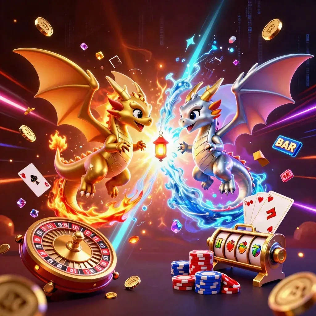 Gold and silver dragons amid casino chips, coins, reels, cards, and neon energy