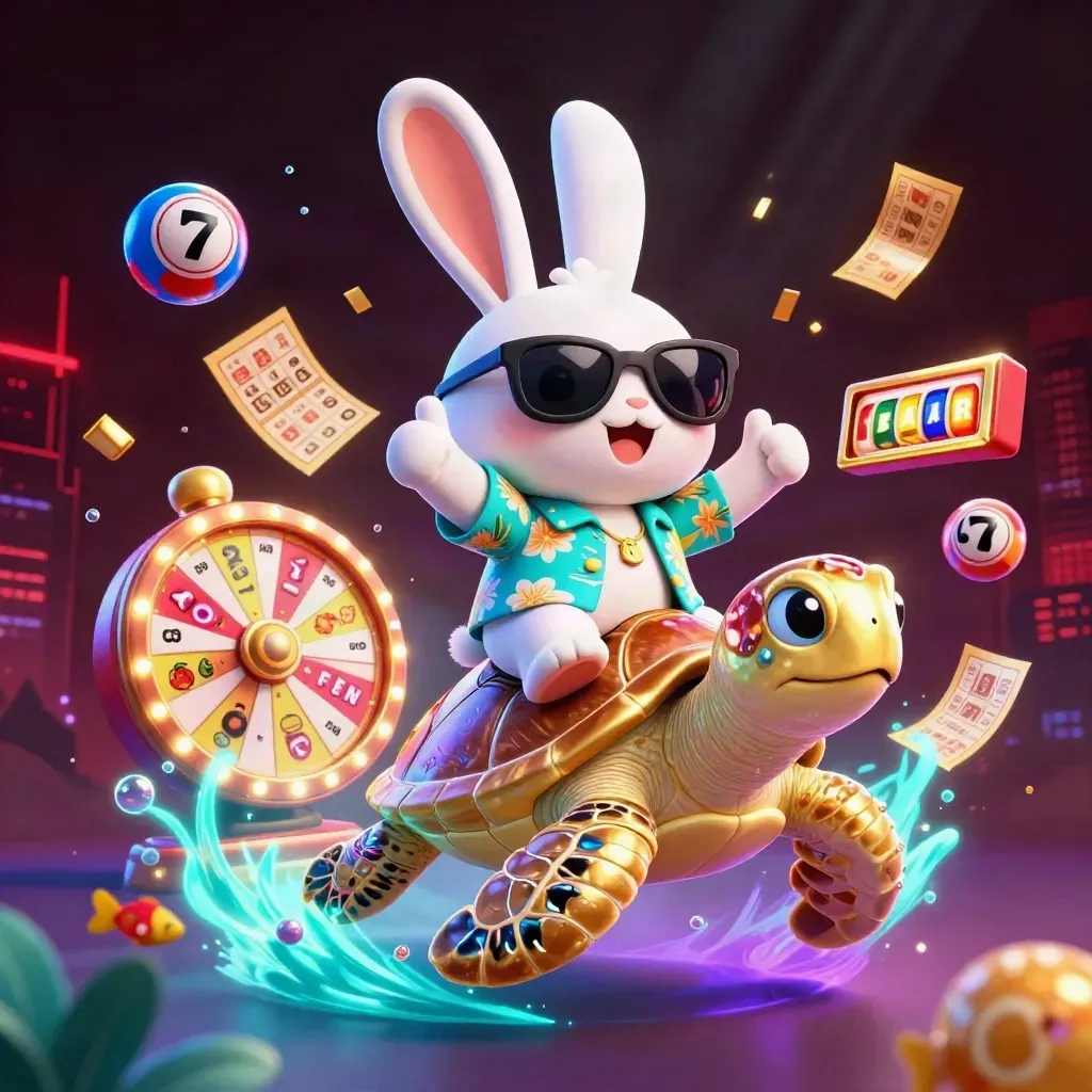 Rabbit rides a jeweled sea turtle amid casino reels, lotto balls, fish, and neon glow.